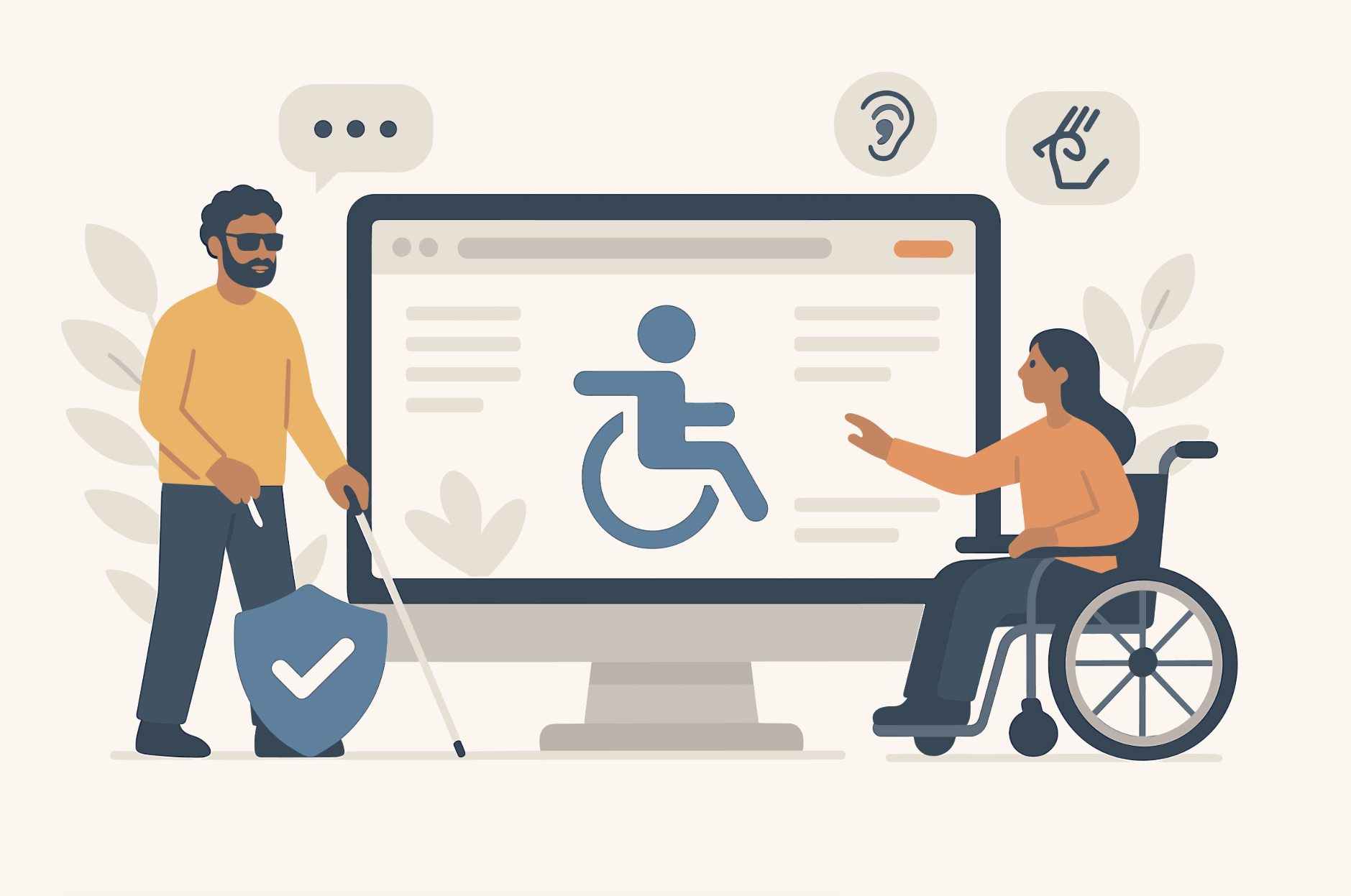 Illustration showcasing people with impairments near a computer screen